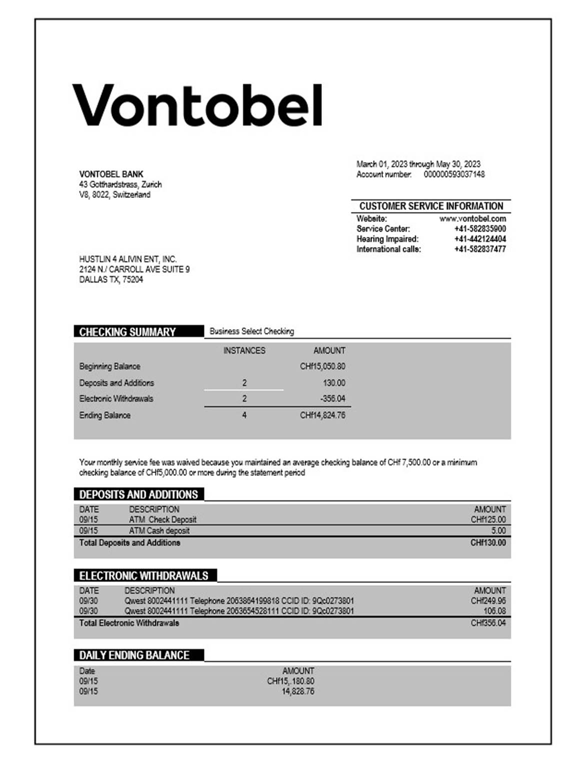 Vontobel Bank firm account statement Word and PDF template download template